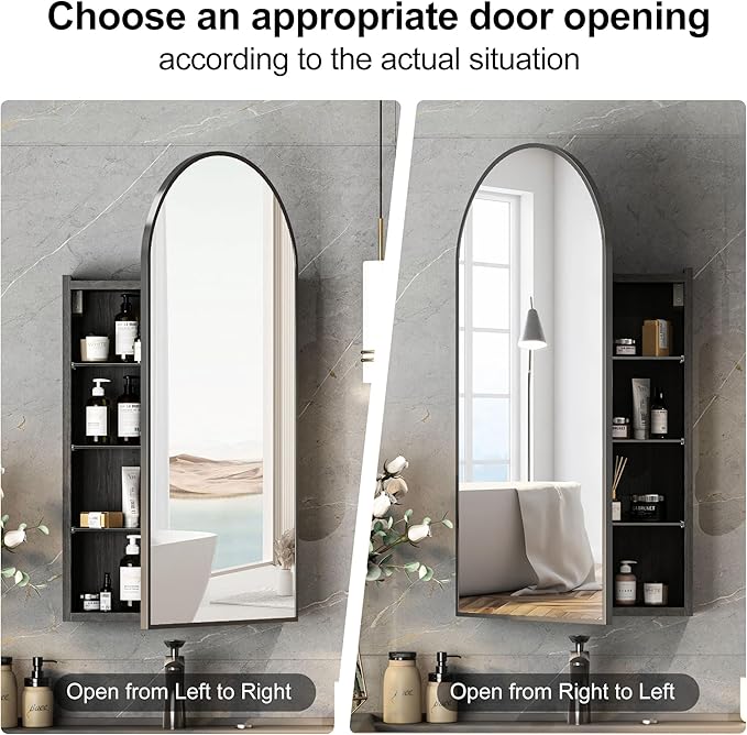 Black Arched Medicine Cabinets with Mirror,Bathroom Mirror Cabinet with Storage,Brushed Black Arch Medicine Cabinet Surface Mount Only,Right Hinges,16 x32 Inch