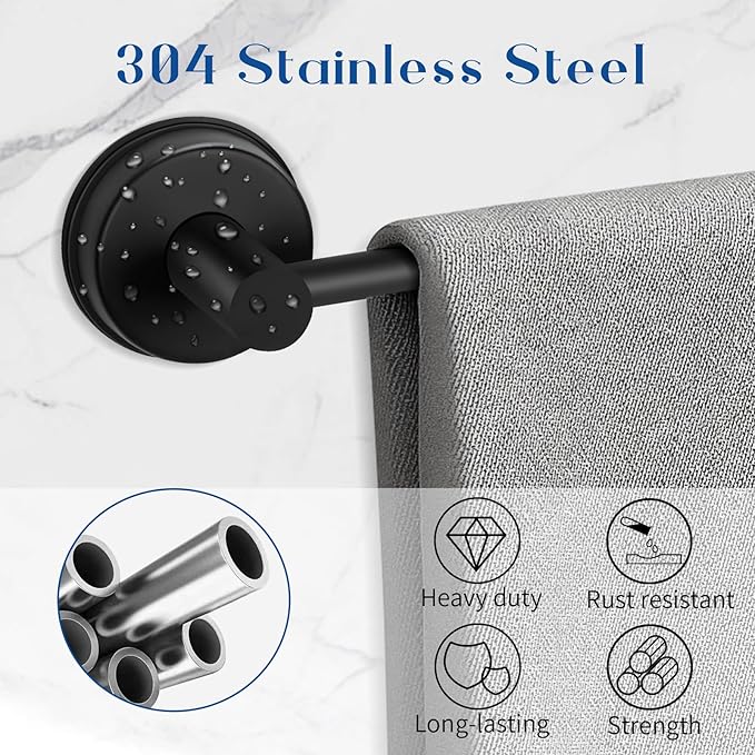 Adjustable Suction Cup Towel Bar for Bathroom Wall, 14.6–24 Inches Black Towel Bar, Stainless Steel Bath Towel Holder, Towel Racks for Bathroom for Shower (Matte Black)