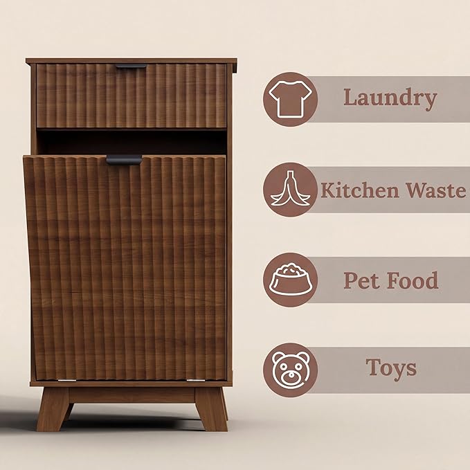 Double Tilt Out Laundry Hamper Cabinet, 20 Gallon Wooden Trash Can Cabinet with Storage Drawers, Hidden Fluted Garbage Can Holder for Kitchen, Living Room (Walnut Wood, 20.47"W x 35.83"H x 13"D)