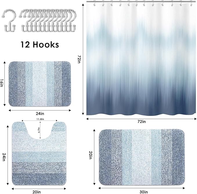 Britimes Blue Stripes Bathroom Sets with Shower Curtain and Rugs, Ombre Modern Abstract Waterproof Shower Curtain Liner and Soft Non Slip Bath Mat for Bathroom Decor and Accessories Hooks