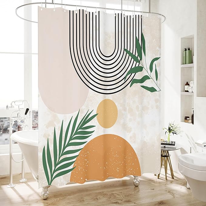 HMS Happy Memories Bohemian Plant Boho Floral Print Shower Curtain, Polyester Fabric Cloth for Bathroom Decor 72×72 Inch Standard Size with 12 Hooks, Also as Room Divider (Boho Orange)