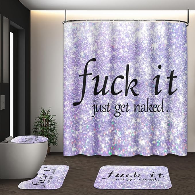 ArtSocket 4PC Purple Funny Get Naked Shower Curtain Sets Diamond Gold Bathroom Decor with Rugs, Non-Slip Rug,Toilet Lid Cover, Bath Mat and 12 Hooks 72x72 inches