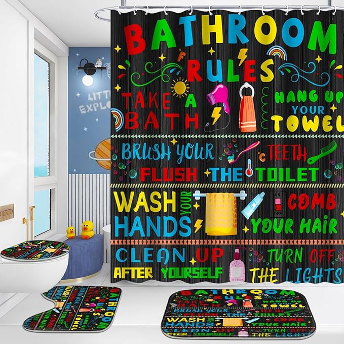 Poedist 4 Pcs Bathroom Shower Curtain Set,Kid's Bathroom Set, Space Shower Curtain Sets with Rugs(Bath Mat,U Shape and Toilet Lid Cover Mat) and 12 Hooks-06