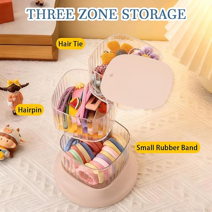 Hair Accessory Organizer, 4-Layer Rotating Clear Hair Tie Organizer for Hair Clips, Headbands, Hair Ties, Earring, Necklace, Ring, Jewelry Boxes & Organizers for Girls & Women (4-Layer，Pink)