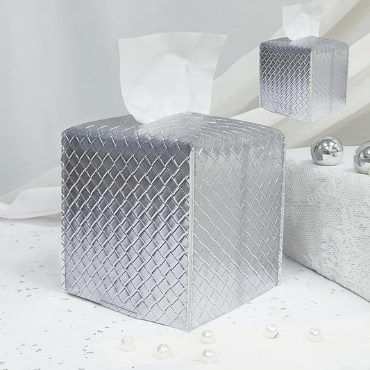 HOMOTEK 2 Pack Tissue Box Cover, Square PU Leather Tissue Holder, Decorative Facial Tissue Cube Paper Organizer Dispenser for Bathroom, Night Stands, Desk, Car 5X5X5'' - Woven Waffle, Silver