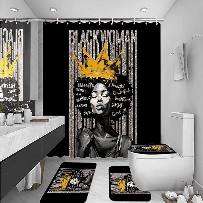 4Pcs Praying Black Queen Shower Curtain Set, Inspirational Quote Afrcian American Woman Shower Curtains with Rugs Toilet Lid Cover Bath Mat, Waterproof Valentine's Day Bathroom Decor Sets