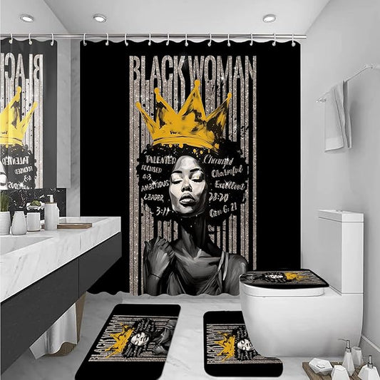 4Pcs Praying Black Queen Shower Curtain Set, Inspirational Quote Afrcian American Woman Shower Curtains with Rugs Toilet Lid Cover Bath Mat, Waterproof Valentine's Day Bathroom Decor Sets