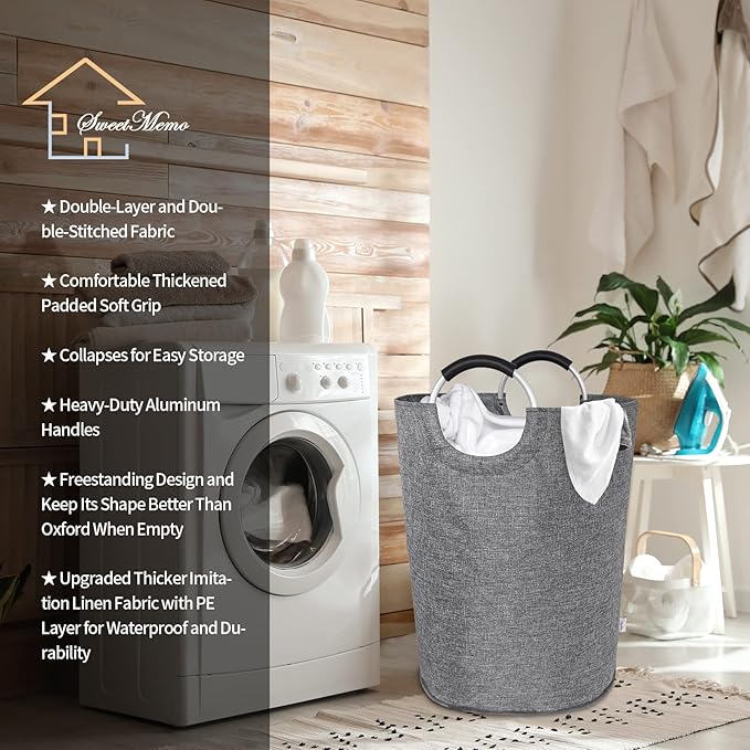 Huge Laundry Basket Collapsible with Durable Handles, Extra Large Tall Laundry Hamper Bag, Big Heavy Duty Dirty Clothes Hampers, Sturdy, Foldable, Two-Layer, Grey 160L