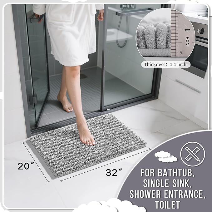 Yimobra Bathroom Rugs Non Slip Washable 32x20 Inch - Ultra Soft Absorbent Chenille Bath Mat, Quick Dry Shaggy Floor Carpet for Tub Shower, Gray Home Decor Accessories