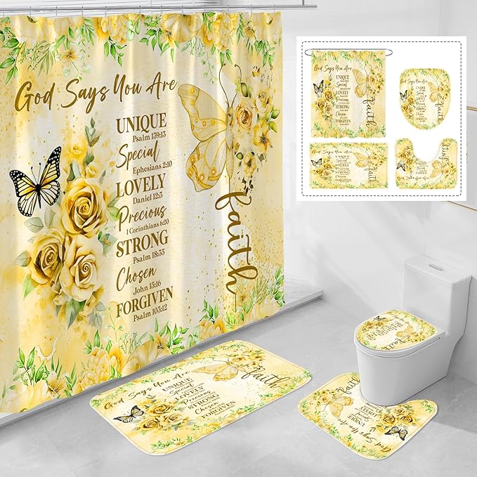 Litabel 4 Pcs Yellow Butterfly Inspirational Quotes Shower Curtain Set with Rugs and Toilet Lid Cover, Colorful Boho Waterproof Fabric Bathroom Set, Bible Verse Floral Bathroom Decor Set Accessories