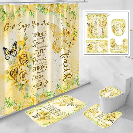 Litabel 4 Pcs Yellow Butterfly Inspirational Quotes Shower Curtain Set with Rugs and Toilet Lid Cover, Colorful Boho Waterproof Fabric Bathroom Set, Bible Verse Floral Bathroom Decor Set Accessories