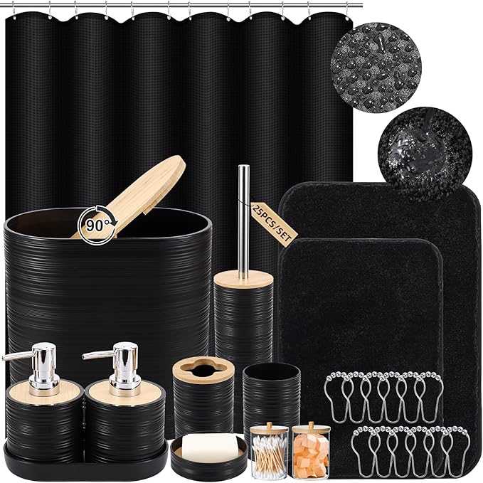 XLHOMO Bathroom Set - Black Bathroom Accessories Set, Bathroom Sets with Shower Curtain and Rugs, 25PC Shower Curtain Set with Hooks, Soap Dispenser, Soap Dish, Toilet Brush Holder and Trash Can
