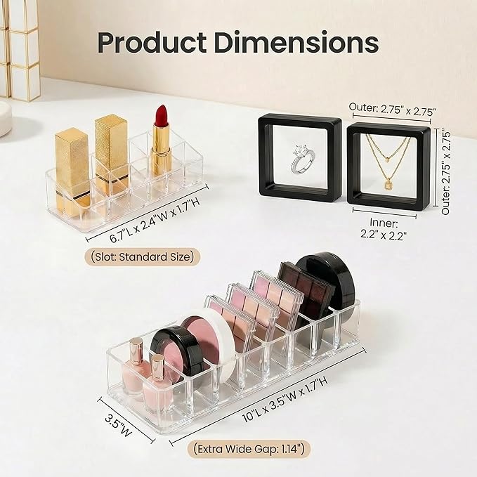 Clear Acrylic Makeup Organizer Set, 12 Spaces Lipstick Lipgloss Holder & 8 Slots Compact Eyeshadow Powder Blush Highlighter Organizer