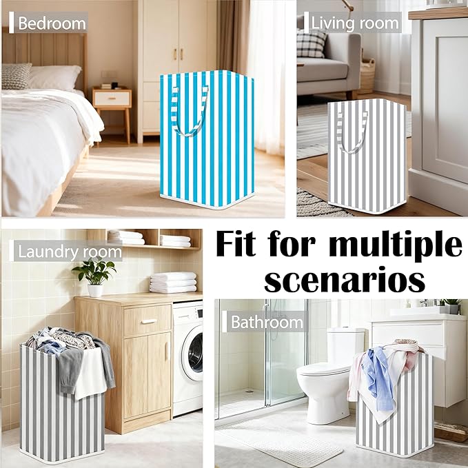 Large Laundry Basket ，75L Waterproof,Collapsible Laundry Hamper with Extended Handles for Clothes in the Family Dorm (Vertical Stripe Black，Blue，Grey，)
