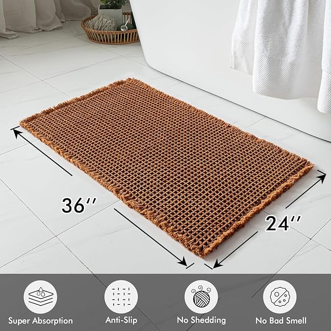 MIULEE Set of 2 Waffle Bathroom Rugs, Fall Boho Bath Rugs Non Slip Washable, Super Absorbent Bath Mats, Ultra Soft Rubber Backed Shower Mats for Bathroom Floor, Tub and Shower, Terracotta, 24x36 Inch