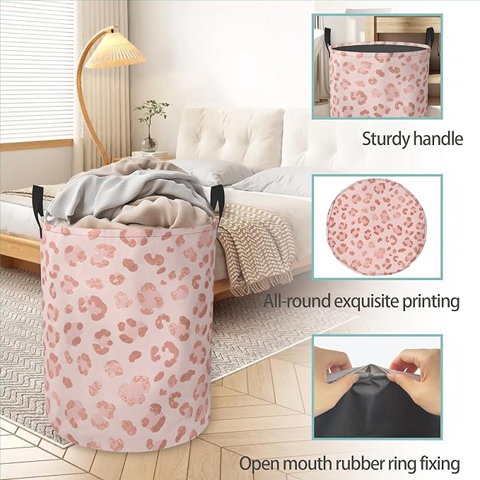 Pink Leopard Print Round Laundry Basket Collapsible Laundry Hamper with Handles Toys Clothes Organizer Bin For Home Bathroom Bedroom Dorm Nursery