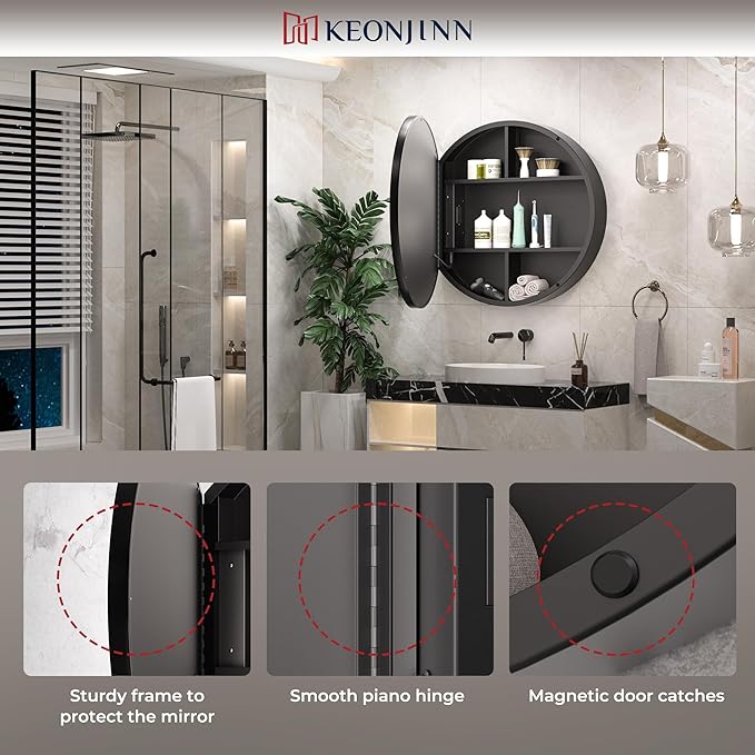 Keonjinn 30 Inch Round Lighted Medicine Cabinet, Black LED Medicine Cabinet Mirror, Circle, Electrical Outlet, 3 Color Lights, Anti-Fog, Dimmable, Surface Mount Only