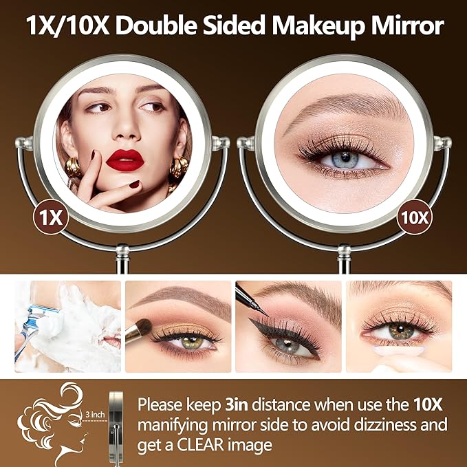 10X Magnifying Mirror with Light, Rechargeable 9" Lighted makeup mirror with magnification, 3 Color Modes, Adjustable Brightness, No Assembly Required, 360° Rotation Cosmetic Mirror, Pearl Nickel