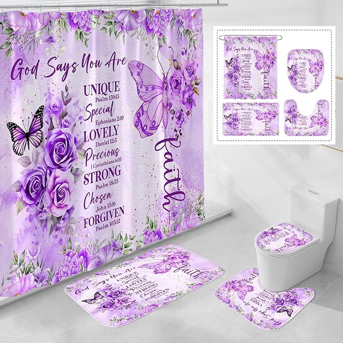 Litabel 4 Pcs Purple Butterfly Inspirational Quotes Shower Curtain Set with Rugs and Toilet Lid Cover, Colorful Boho Waterproof Fabric Bathroom Set, Bible Verse Floral Bathroom Decor Set Accessories