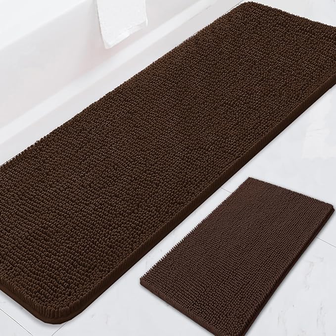 BOANKODU Bathroom RugsSets 2 Piece，59X24+16X24Inch，Absorbent Non-Slip Very Soft Chenille Mat,Machine Washable （Coffee）