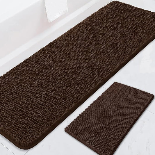 BOANKODU Bathroom RugsSets 2 Piece，59X24+16X24Inch，Absorbent Non-Slip Very Soft Chenille Mat,Machine Washable （Coffee）