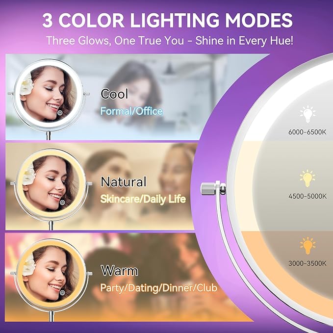 Auxmir 8" Lighted Makeup Mirror Rechargeable 1X/10X Magnifying Mirror with 3 Dimmable Colors Light, Double Sided Vanity Mirror with Stand, 360° Rotation Touch Screen Tabletop, Chrome