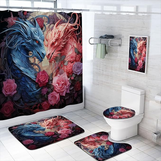 4 Pcs Dragon Bathroom Shower Curtain Set with Rugs,Toilet Lid Cover, Bath Mat, Fantasy Magical Pink Dragon Red Rose Shower Curtain with 12 Hooks, Durable Bathroom Decor Set