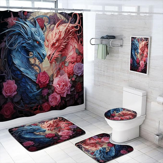 4 Pcs Dragon Bathroom Shower Curtain Set with Rugs,Toilet Lid Cover, Bath Mat, Fantasy Magical Pink Dragon Red Rose Shower Curtain with 12 Hooks, Durable Bathroom Decor Set