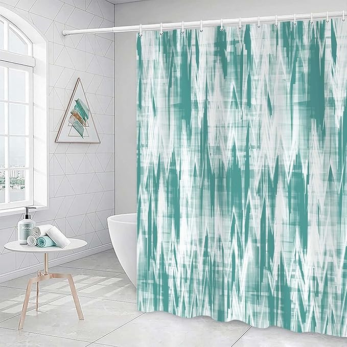 JAWO Teal Green Shower Curtain, Modern Abstract Pattern Machine Washable Home Bathroom Decorations, Aqua White Striped Wave Shower Curtain Set with Hooks Waterproof Fabric Bath Curtains Home Decor