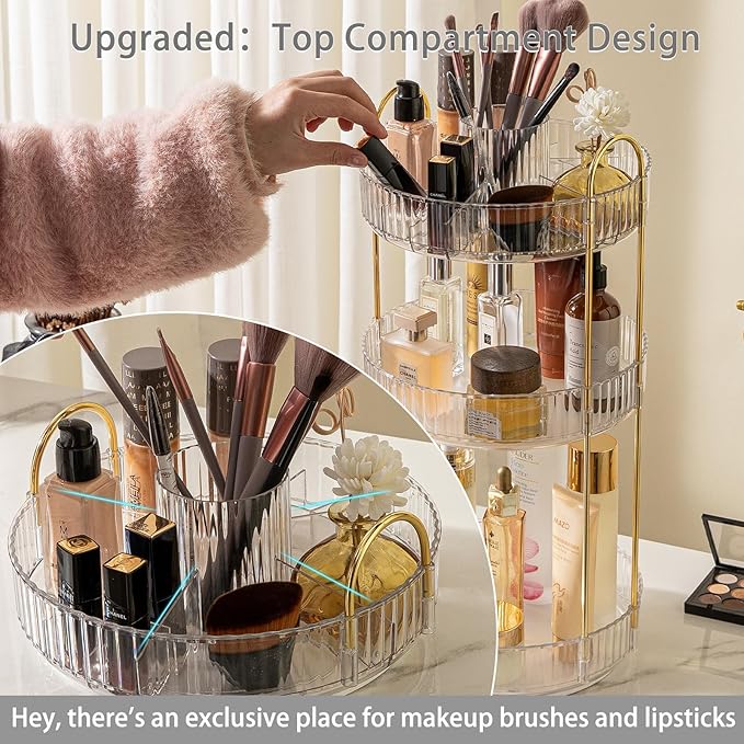 shuang qing Rotating Makeup Organizer for Vanity, High-Capacity Skincare Clear Make Up Storage Perfume Organizers Cosmetic Dresser Organizer Countertop 360 Spinning (Clear, New-3 Tier)