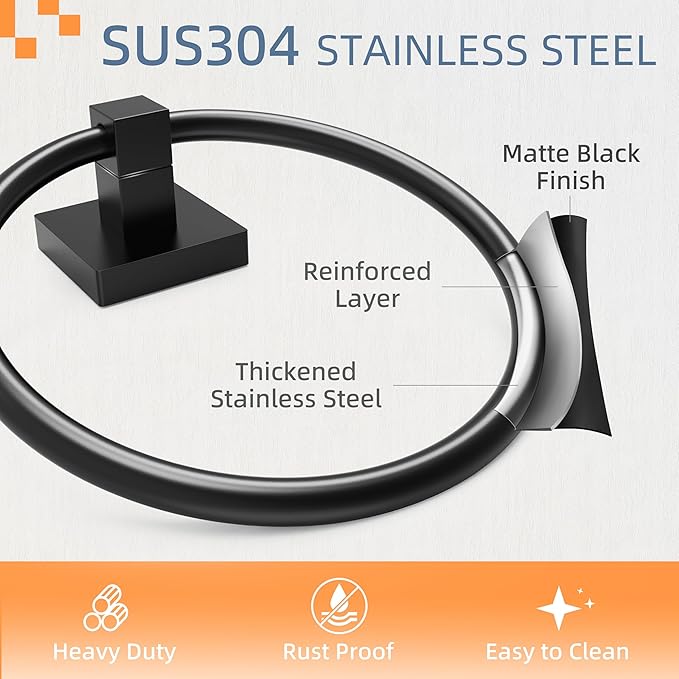 RUACQ Towel Ring, Square Base Hand Towel Holder, Stainless Steel Hand Towel Hanger Wall Mounted, Modern Hand Towel Holder for Bathroom, Heavy Duty (Matte Black)