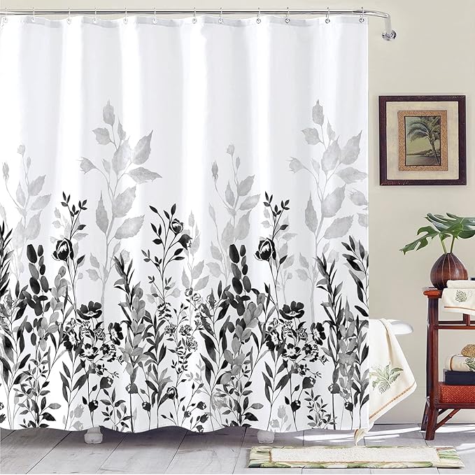 Neasow Black and Grey Shower Curtain, Watercolor Floral Bathroom Curtain Black and White Shower Curtains 72×72 inches