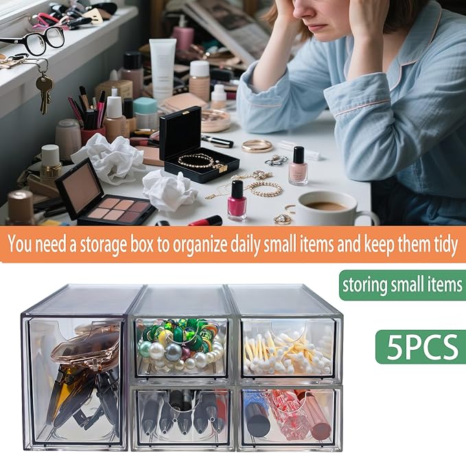 Stackable Storage Drawers Set of 5 Acrylic Storage Drawers Clear Plastic Stackable Organizer Bins for Makeup, Cosmetics,Beauty Supplies,Ideal for Vanity, Bathroom,Cabinet,Pantry Organization