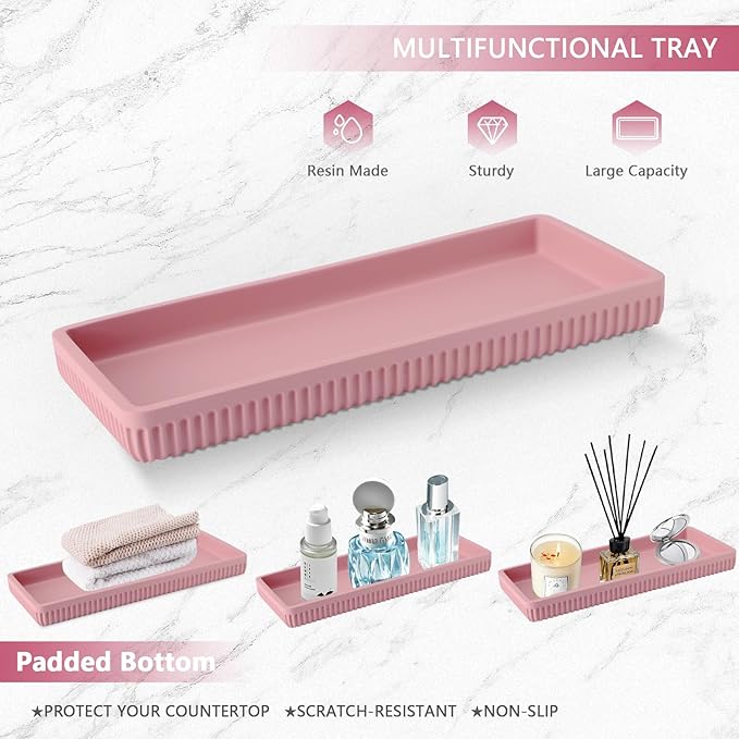 XLHOMO Resin Pink Bathroom Accessories Set 5 Pcs, Lotion Soap Dispenser, Toothbrush Holder, Bathroom Tumbler, Qtip Holder and Vanity Tray, Bathroom Countertop Organizer Set for Modern Home Apartment