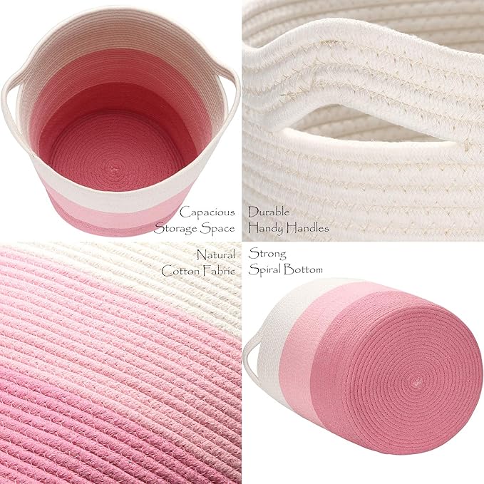 Sea Team Large Size Cotton Rope Woven Storage Basket with Handles, Laundry Hamper, Fabric Bucket, Drum, Clothes Toys Organizer for Kid's Room, 20 x 14 inches, Round Open Design, White & Pink