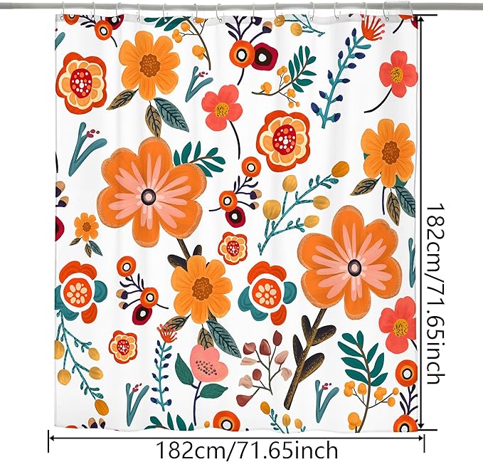 HMS Happy Memories Bohemian Plant Boho Floral Print Shower Curtain, Polyester Fabric Cloth for Bathroom Decor 72×72 Inch Standard Size with 12 Hooks, Also as Room Divider (White Orange Floral)