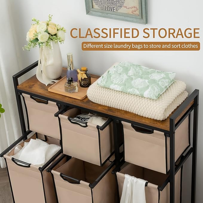 Suntage Laundry Basket Organizer, Hampers for Laundry 6 Compartments, Laundry Hamper with 6 Sliding Laundry Sorter Bags, Top Storage Shelf, and Metal Frame (6 Compartments)