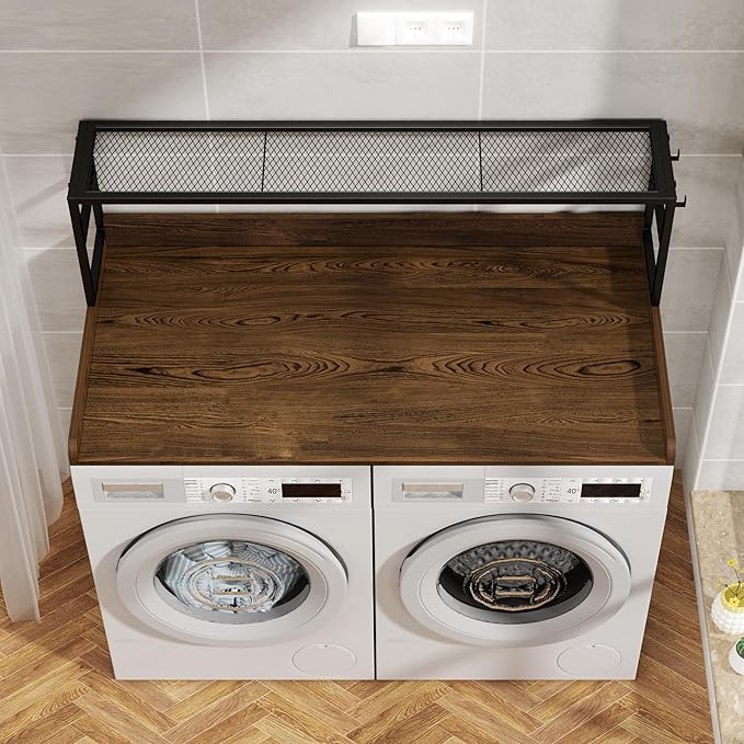 Washer Dryer Countertop with Shelf, Washer Dryer Topper, Solid Wood Washers and Dryers Countertop, 54" Width x 27.5" Depth Laundry Countertop for Laundry Room Organization and Storage, Walnut