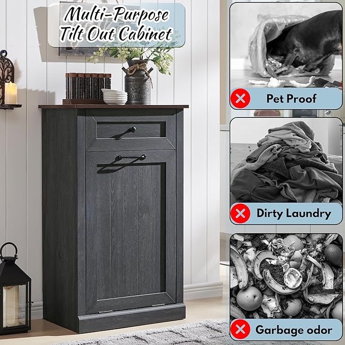 IFBUY Tilt Out Laundry Hamper Cabinet, 10 Gallon Farmhouse Trash Can Cabinet with Drawer, Hidden Wood Garbage Can Bin Cabinet with Laundry Storage Basket for Bathroom, Kitchen, Dark Grey