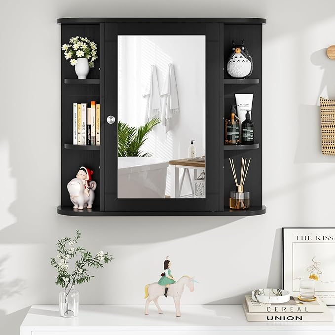 SUNLEI Bathroom Medicine Cabinet with Mirror, Wood Medicine Cabinet with Adjustable Shelf, Mirrored Door Over The Toilet Storage, Bathroom Wall Mirror Cabinet, Black