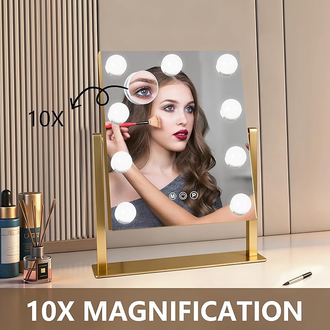 Moonee Gold Vanity Mirror with Lights, Hollywood Lighted Makeup Mirror with 9 Dimmable Bulbs and 10X Magnification 360°Rotation, 3 Colors Modes, Light Up Mirror for Tabletop（12" x 14"）