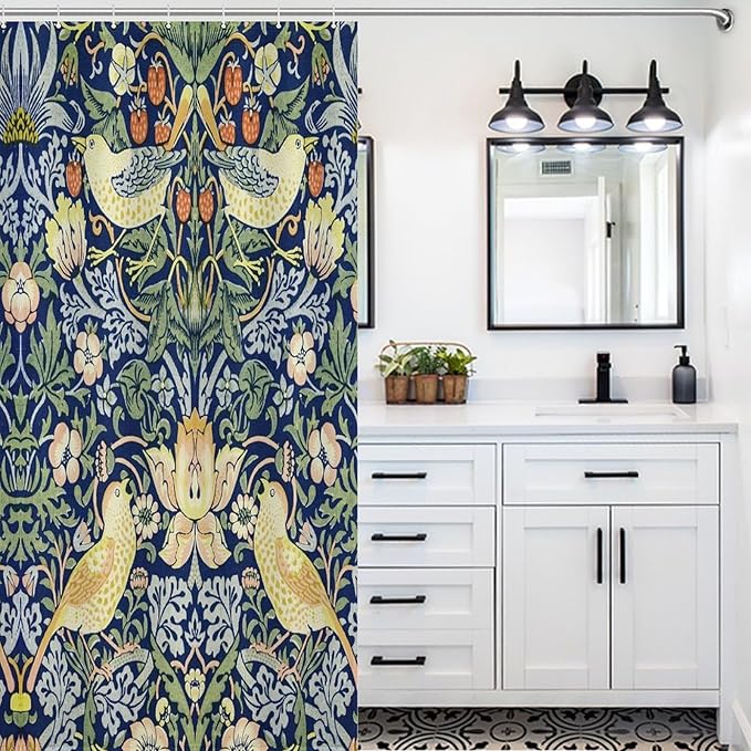 William Morris Shower Curtain,Original Design Vintage Flower Birds Strawberry Thief Pattern Print Shower Curtains Sets Polyester Waterproof Fabric Decor Bathroom Curtain 66"×72" Inch With 12 Hooks