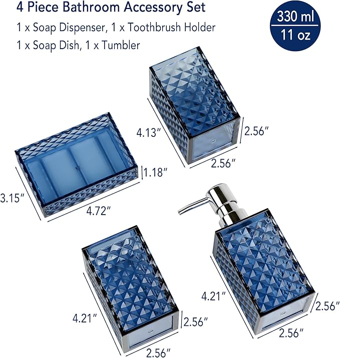 Blue Bathroom Accessories Set, 4 PCS Dark Navy Blue Bathroom Accessories Sets Complete, Diamond Pattern Bathroom Soap Dispenser and Toothbrush Holder Set, Boho Bathroom D??cor and Accessories