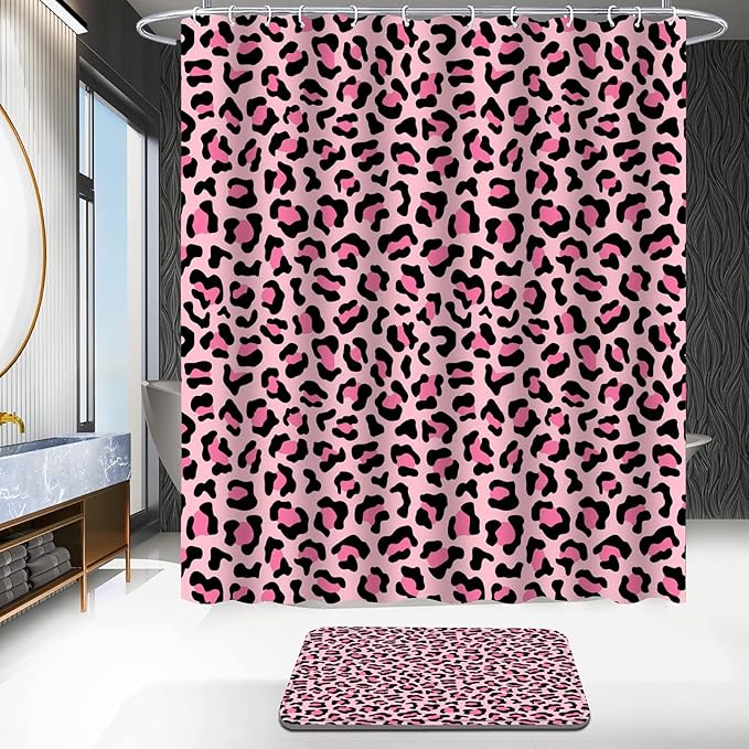 4 PCS Leopard Shower Curtain Cheetah Print Shower Curtain Sets Non Slip Bathroom Rugs Soft Plush Bath Mat Toilet Lid Cover Animal Print Shower Curtains with 12 Hooks for Bathroom Tub, Pink