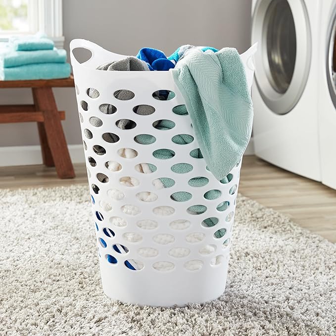 3 Pack Round Tall Plastic Laundry Basket with Handles, Lightweight & Flexible, 2.2 Bushels Large Capacity, Easy to Clean, Space Saving Laundry Hamper for Bedroom, Dorm, Bathroom, White