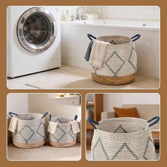4 Pack Laundry Baskets Hamper, Storage Basket for Home Organizing, 50L Large Seagrass Blanket Basket, 30L Clothes Hamper with Handles, 10L & 8L Cube Woven Wicker Basket with Lid - Blue