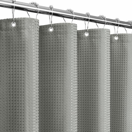 Gibelle Long Shower Curtain 72 x 78, 230GSM Tall Waffle Weave Textured Fabric Shower Curtain for Bathroom, Water Repellent, Machine Washable, Grey