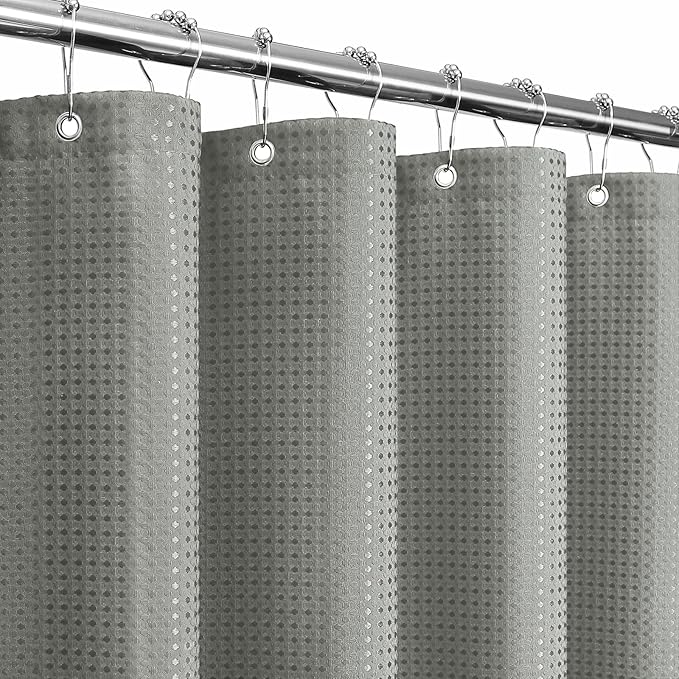 Gibelle Extra Long Shower Curtain 72 x 84, 230GSM Tall Waffle Weave Textured Fabric Shower Curtain for Bathroom, Water Repellent, Machine Washable, Grey