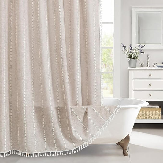 MitoVilla Boho Extra Long Shower Curtain 72 x 84, Tan 84 inch XL Polyester Linen Tassel Fabric Shower Curtain Set with Hooks for Vintage Country Farmhouse Bathroom Decor, Thick & Wrinkle Resistant