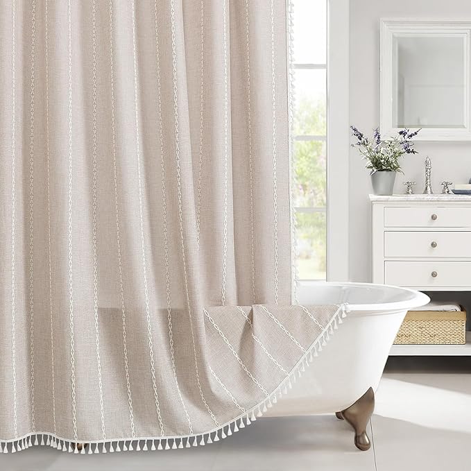MitoVilla Boho Extra Long Shower Curtain 72 x 96, Taupe Modern Farmhouse 96 inch XL Polyester Linen Texture Tassel Fabric Shower Curtain Set with Hooks for Cottagecore Country Bathroom Decor,Taupe